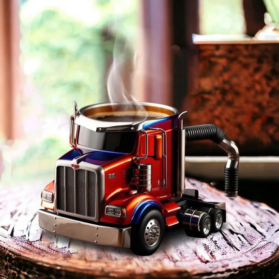 Semi Trailer Truck Coffee Mug - Stainless Steel Handmade Creative Car Shaped Cup with Lid, 16oz Travel Tumbler for Truck Drivers, Valentines Day Gift, Birthday| For Coffee Lovers on the Road