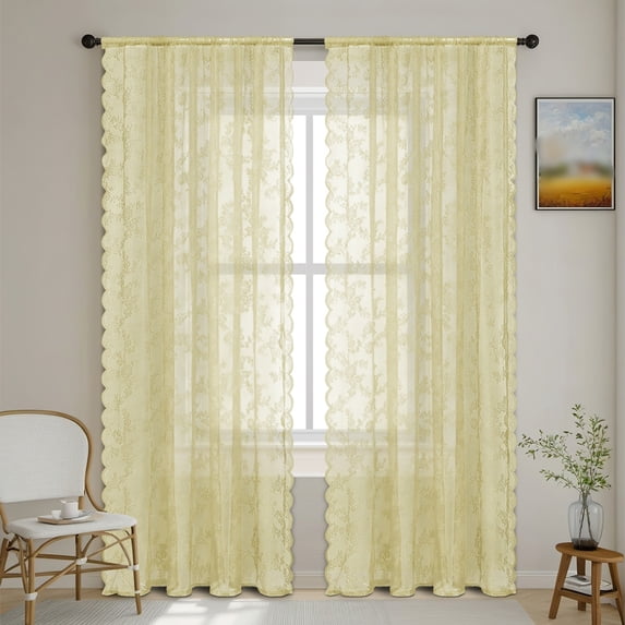 Semi Transparent Curtain Floral Lace Window Sheer Curtain with Scalloped Edge & Rod Pocket for Boho Home Decor 1 Pcs
