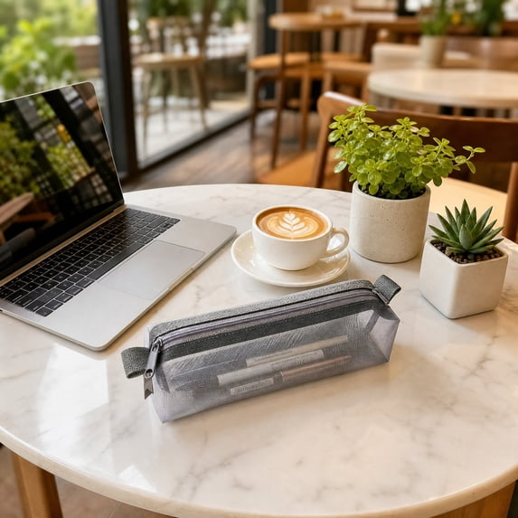 Semi-Transparent Mesh Pencil Case, Slim Zipper Pen Pouch, Portable Stationery Bag with Reinforced Stitching, Mini Cosmetic Storage for Office and Travel