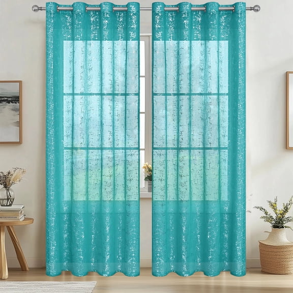 Semi-Transparent Polyester Curtains with Silvers Embossed Pattern, Metal Grommets for Living Room, Bedroom, Study, 39.37x98.43in, Blue Single Panel