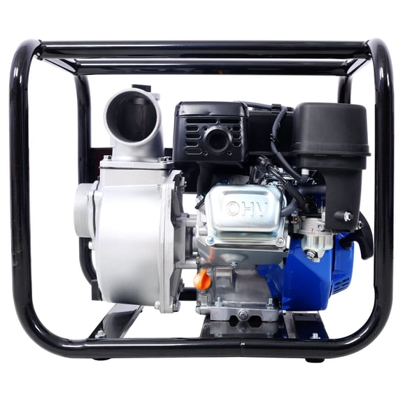 , Semi Trash Pump 3 inch, 209cc 7HP 4 stroke OHV ENGINE, Gas Powered Semi Trash Water Pump 50 ft Discharge Hose, 12 ft Suction Hose with Complete Fittings,EPA compliant, Black+Blue ,Steel ,