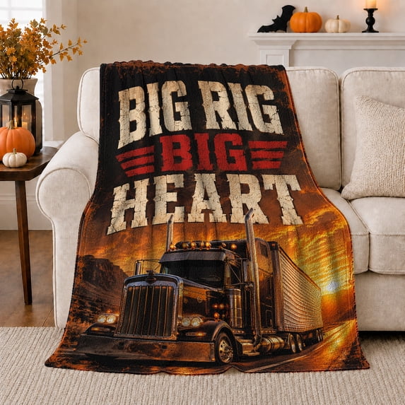 Semi-Truck Big Rig Sunset Road Detailed Visual Pattern Bold Gothic Style Art Lovers Expressive Room Motif Warm Flannel Blanket, Housewarming Gift for Bedroom and Living Room Home Decor