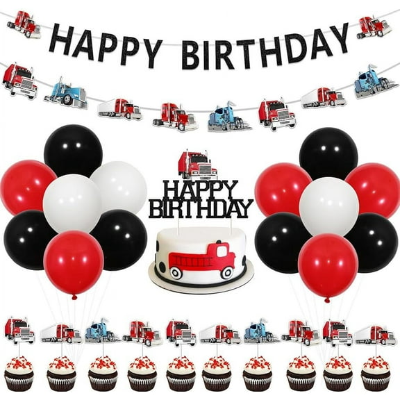 Semi Truck Birthday Decoration, Construction Birthday Party Decorations Happy Birthday Heavy Truck Semi Banner Cake Cupcake Topper, Black Red Balloon for Boy Transportation Birthday Party