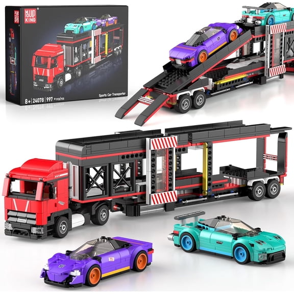 Semi Truck Building Toy Set, 997 PCS Sports Car Transporter Vehicle Model & 2 Race Cars for Aldult,Construction Toy