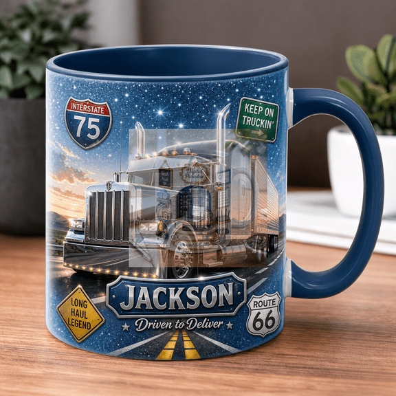 Semi Truck Ceramic Coffee Mug, Personalized Trucker Cup with Highway Signs Gift