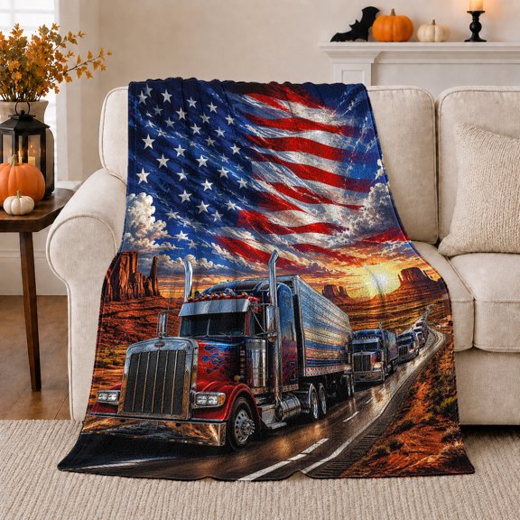 Semi-Truck Convoy Desert Sunset American Flag Motif, Dramatic Celestial Scene, Warm Flannel Blanket for Living Room and Bedroom, Celestial Art Lovers Housewarming Gift, Celestial Home Decor