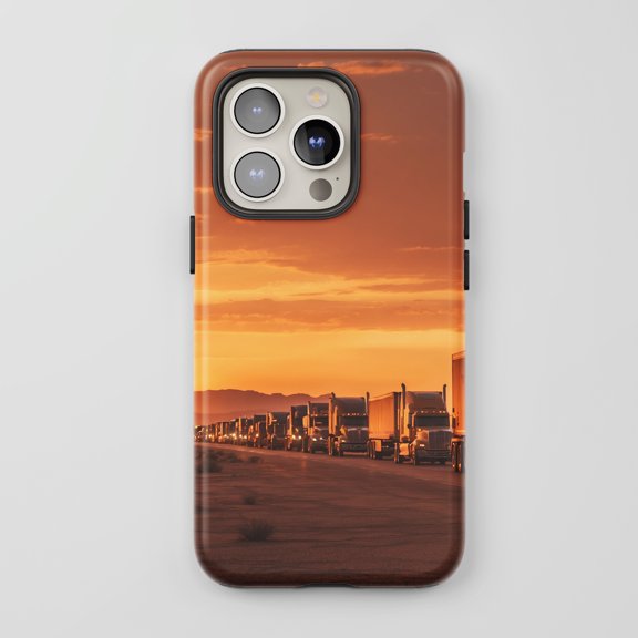 Semi Truck Convoy For All iPhone Series Tough Phone Case Desert Sunset Orange Brown