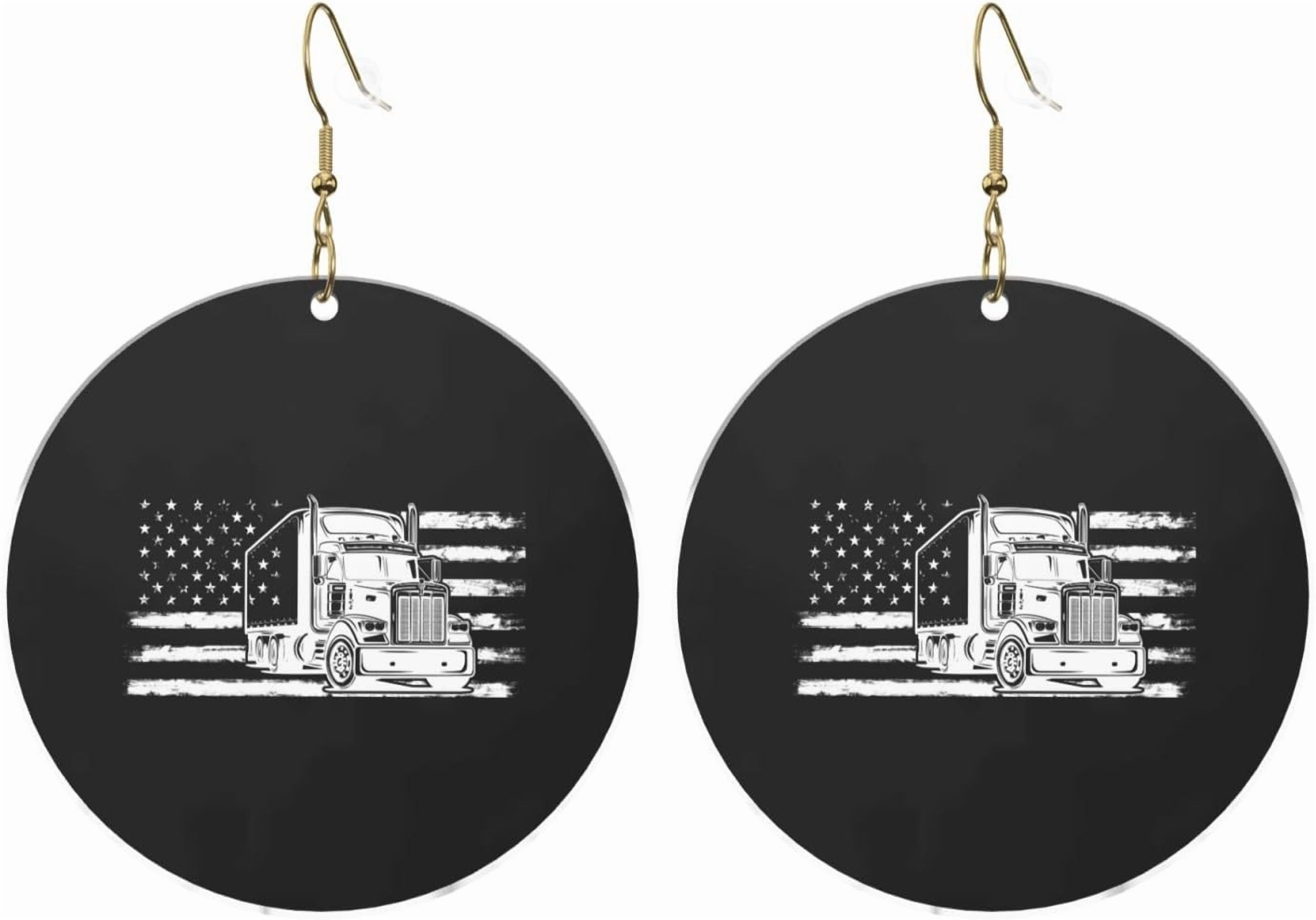 Semi Truck Driver American Flag Stylish Round Acrylic Earrings Lightweight Accommodating For All Occasions[x993]