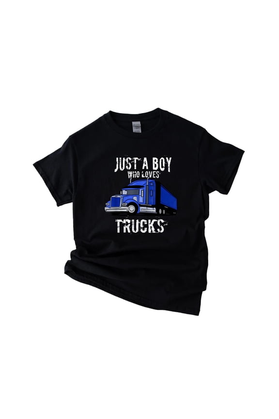 Semi Truck Gift Just A Boy Who Loves Trucks Funny Big Rig Driver Graphic Unisex T-Shirt Y0192, Up to Size 5XL