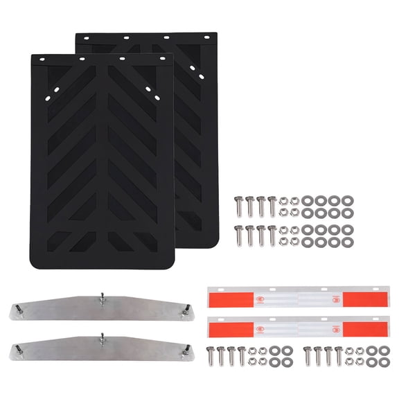Semi Truck Mud Flap, Weight & Hanger Kit - 2PK 24"x36" Black Striped Rubber Mud Flaps, 2PK 4"x24" Chrome Weights, and 2PK 24"x3" Aluminum Hanger Plates with Red & White Reflective Tape