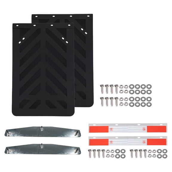 Semi Truck Mud Flap, Weight & Hanger Kit 2PK 24"x36" Striped Rubber Mud Flaps, 2PK 4"x24" Universal Chrome Weights, & 2PK 24"x3" Hanger Plates with Reflective Tape