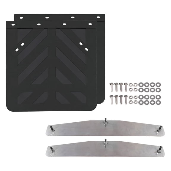 Semi Truck Mud Flap & Weight Kit Includes 2 Pack 24"x24" Black Striped Rubber Mud Flaps and 2PK 4"x24" Mirror Finish Stainless Steel Weights with 3 Welded Studs