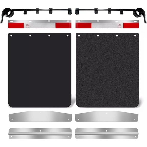 for Semi Truck Pair 3-Coil Straight Down Bar Type Mud Flap Hangers w/Aluminum Mud Flap Reflective Tape and 24" x 30" Semi Truck Mud Flaps w/Stainless Steel Mud Flap Weights Backing Plate