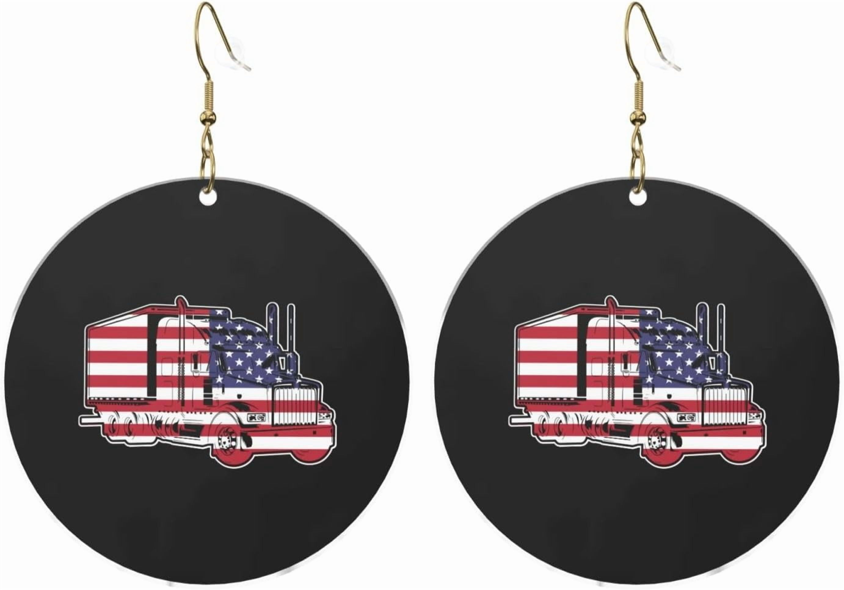 Semi Truck Professional Driver American Flag Stylish Round Acrylic Earrings Lightweight Adaptable For All Occasions[e342]