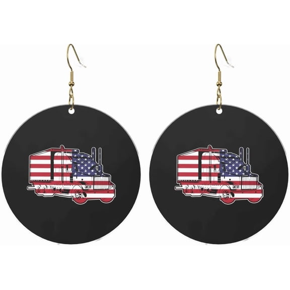 Semi Truck Professional Driver American Flag Stylish Round Acrylic Earrings Lightweight Adaptable For All Occasions[e342]