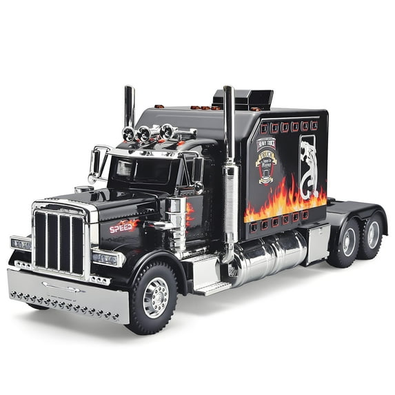 Anmyjuly Semi Truck Toy for Boys, Metal Diecast Model with Light and Sound, Pull Back Truck and Trailer, Black