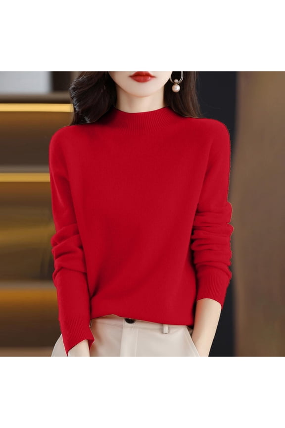 Semi Turtleneck Sweater, Long Sleeve Solid Color Pullover With Base Shirt, Autumn And Winter Warm Loose, Polyester, Red 3XL, Size S-XXXL