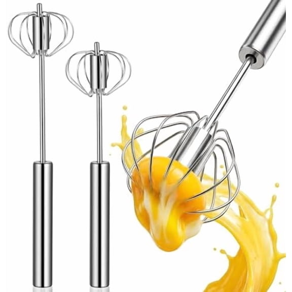 Semi-automatic egg beater -2 pieces of stainless steel hand push rotating egg beater manual egg beater mixing foaming and stirring durable metal egg beater kitchen coffee baking