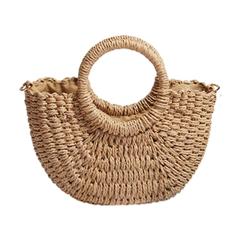 Semi circle Straw Bag Hand woven Women Summer Retro Beach Tote Shoulder Bag Crossbody Travel Beach Bag coffee