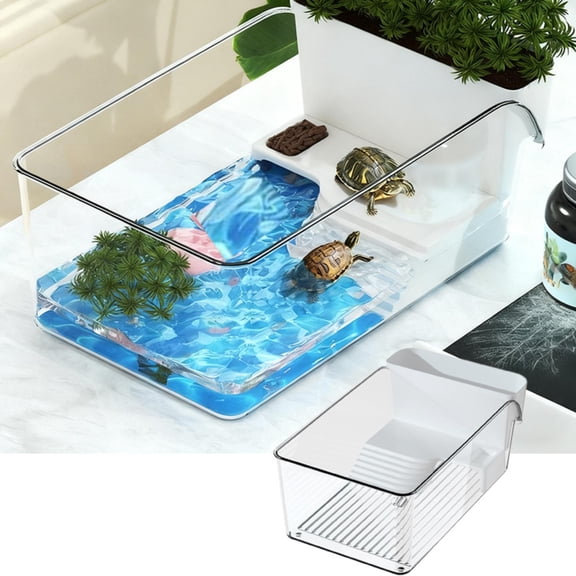 Semiaquatic Turtle Terrarium Tank 7.6x13inch, Small Reptile Habitat with Basking Platform, Transparent Panoramic View for Turtles Crabs Small Aquatic Pets Indoor Desktop Use
