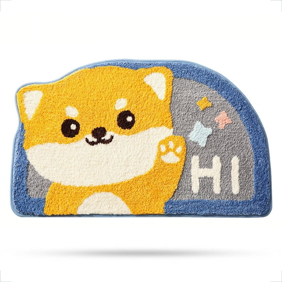 Semicircle Animal Bathroom Rug, Plush Microfiber Bath Mat Non-Slip Soft Shower Rug Cute Bath Rugs, Water Absorbent Thick Shaggy Floor Mats, Machine Washable, Shiba Inu, 17.7" x 29.5"