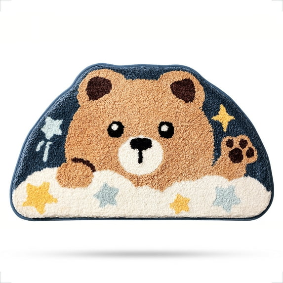 Semicircle Animal Bathroom Rug, Plush Microfiber Bath Mat Non-Slip Soft Shower Rug Cute Bath Rugs, Water Absorbent Thick Shaggy Floor Mats, Machine Washable, Bear, 17.7" x 29.5"