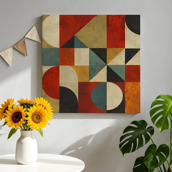 Semicircle Block Canvas Wall Art, Retro Abstract Geometric Boho Red Brown Green Framed Picture Canvas Wall Art Print Decor Artwork Decorations for Living Room Bedroom Ready to Hang 8" x 8"
