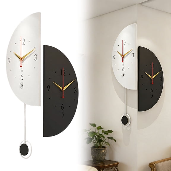 Semicircular Corner Wall Clock Double Sided with Pendulum Decorative Wall Clock Battery Operated for Living Room Bedroom Kitchen Office Black&White