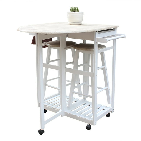 Semicircular Folding Dining Table Cart with 2 Drawers and 2 Stools, Bar Table Set Cart with Wooden Handle, Wheels and Footrest, 3 Pack Drop Leaf Table Set for Kitchen and Restaurant, White