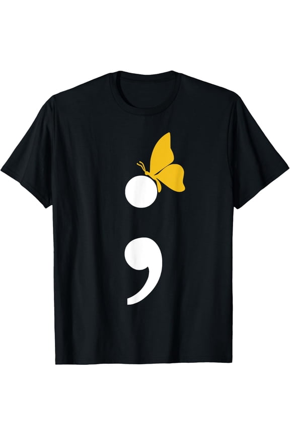 Semicolon Butterfly Suicide Depression Prevention T-ShirtMen and women, Black T-shirt, size: Extra large