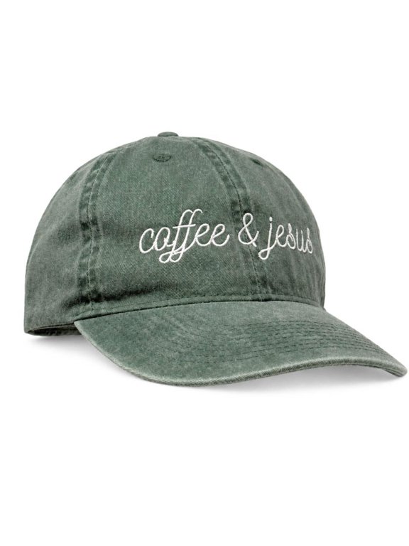 Womens Washed Cotton Dad Hat, Coffee & Jesus (Sage)