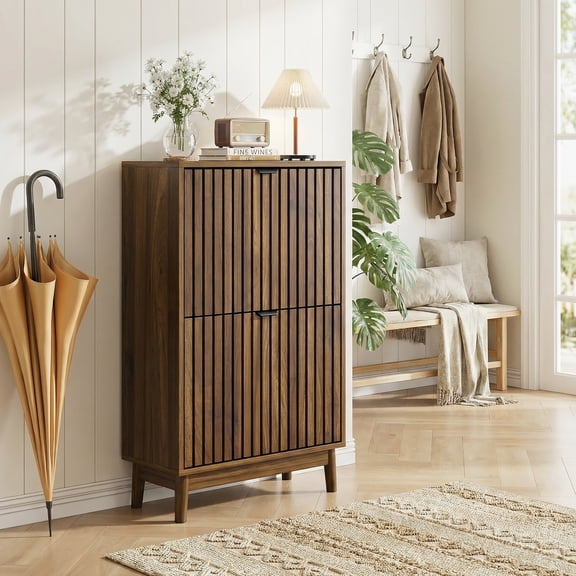Semiocthome 23.6" Modern Shoe Cabinet, Shoe Storage Cabinet with 2 Flip Drawers for Entryway, Walnut