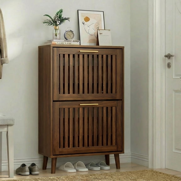 Semiocthome 23.6" Shoe Storage Cabinet with 2 Flip Louvered Drawers for Entryway, Hallway, Walnut