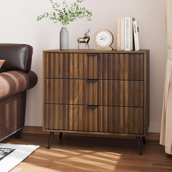 Semiocthome Dresser with 3 Fluted Drawers, Chest of Drawers for Bedroom, Walnut, Adult