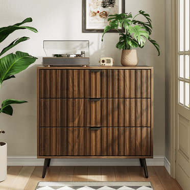 Semiocthome 3 Drawer Dresser with Fluted Panel, Chest of Drawers for Bedroom, Walnut, Adult