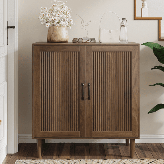 Semiocthome 31.5” Buffet Cabinet with 2 Doors and 1 Adjustable Shelf, Gradien Fluted Design, Kitchen, Walnut