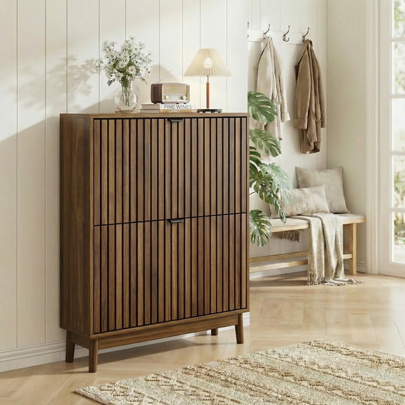 Semiocthome 31.5" Modern Shoe Cabinet, Shoe Storage Cabinet with 2 Flip Drawers for Entryway, Walnut