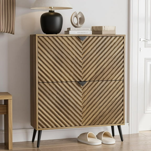 Semiocthome 31.5" Shoe Cabinet with 2 Fluted Diamond Doors Entryway Shoe Storage, Walnut