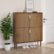 Semiocthome 31.5" Shoe Storage Cabinet with 2 Flip Drawers and Line Groove Design, Entryway, Walnut