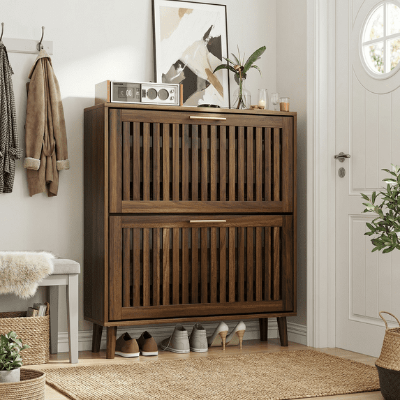 Semiocthome 31.5" Shoe Storage Cabinet with 2 Flip Louvered Drawers for Entryway, Walnut