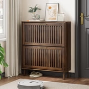 Semiocthome 31.5 Shoe Storage Cabinet with 2 Flip Louvered Drawers for Entryway, Walnut