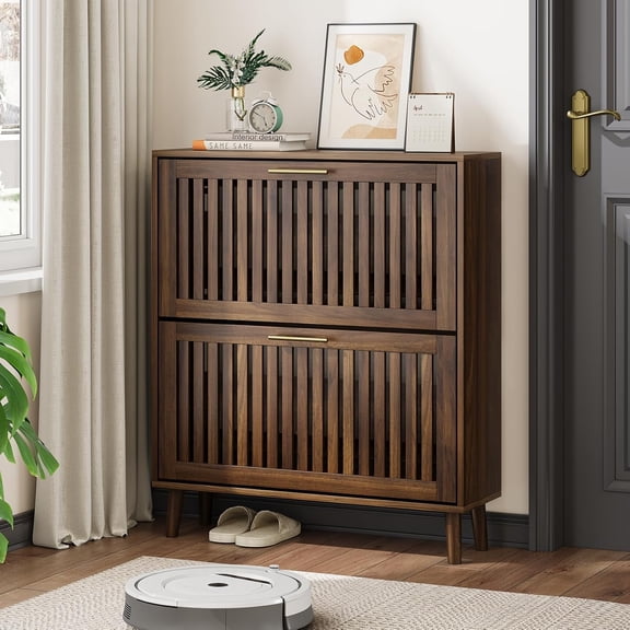 Semiocthome 31.5" Shoe Storage Cabinet with 2 Flip Louvered Drawers for Entryway, Walnut