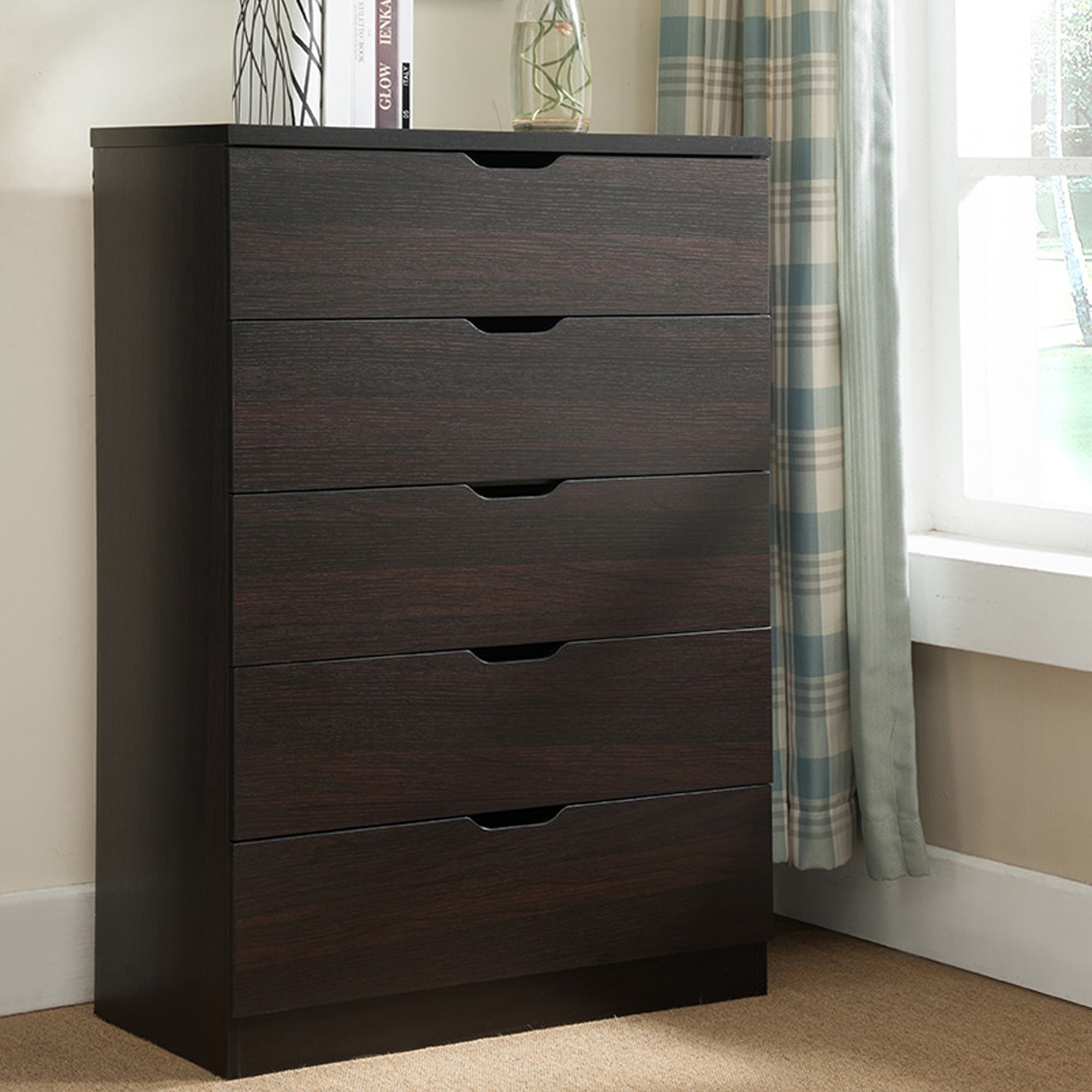 Semiocthome 5 Drawer Dresser, Modern Wood Storage Organizer, Espresso ...