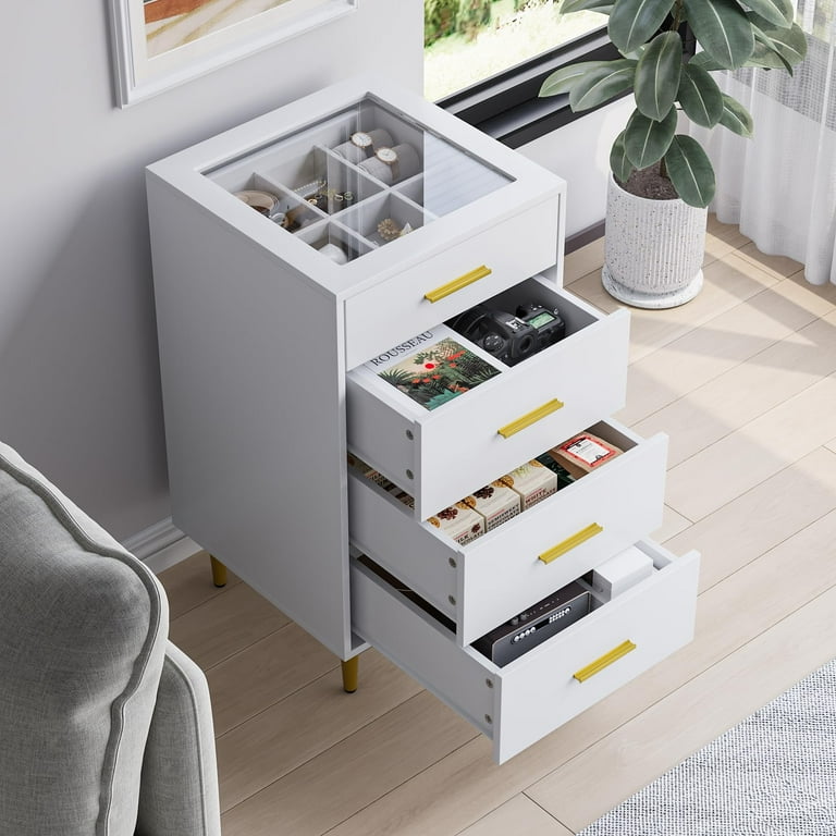 Semiocthome Dresser Modern Storage Cabinet with 4 Drawers for Jewelry Display Bedroom White Wooden Adult