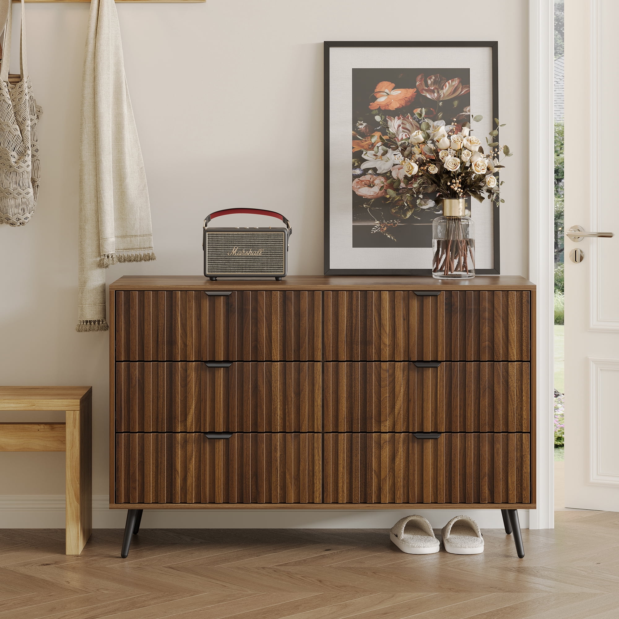 Semiocthome 6 Drawer Dresser with Fluted Panel, Chest of Drawers for ...