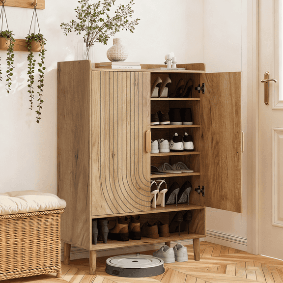 Semiocthome 6-Tier Shoe Cabinet with Line Groove Design and Adjustable Shelves for Entryway, Natural