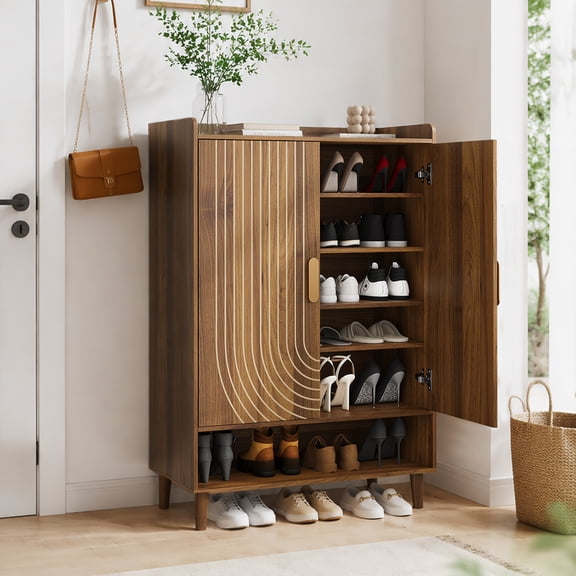 Semiocthome 6-Tier Shoe Cabinet with Line Groove Design and Adjustable Shelves for Entryway, Walnut