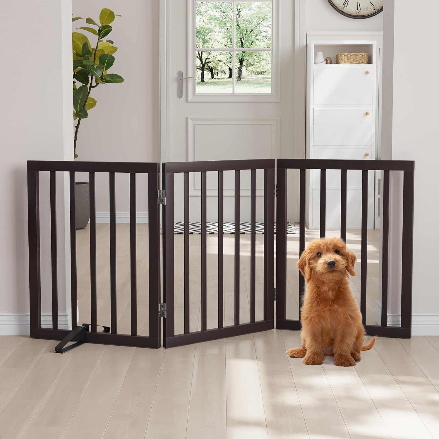 Semiocthome Bamboo Dog Gates Indoor 3-Panel Freestanding Puppy Gates for The House with 2 Metal Stands 24" H Folding Wood Pet Gate for Stairs Doorway Expands Up to 55" Fully Assembled Espresso