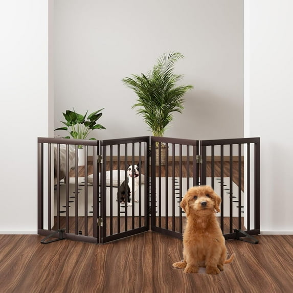 Semiocthome Bamboo Foldable Dog Gates for Doorway, Freestanding Pet Gate for Stairs,74" W Brown