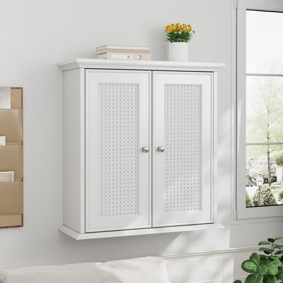 Semiocthome Bathroom Cabinet Medicine Cabinet with Rattan Doors and Adjustable Shelf, White, Wooden